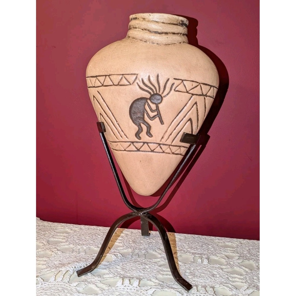 Pottery Vase Kokopelli Design on Metal Stand, Mexico 13"